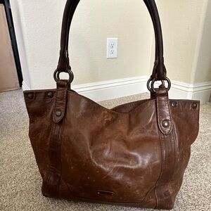 Frye Melissa Tote Shoulder Bag Distressed Leather Cognac Boho well-loved
